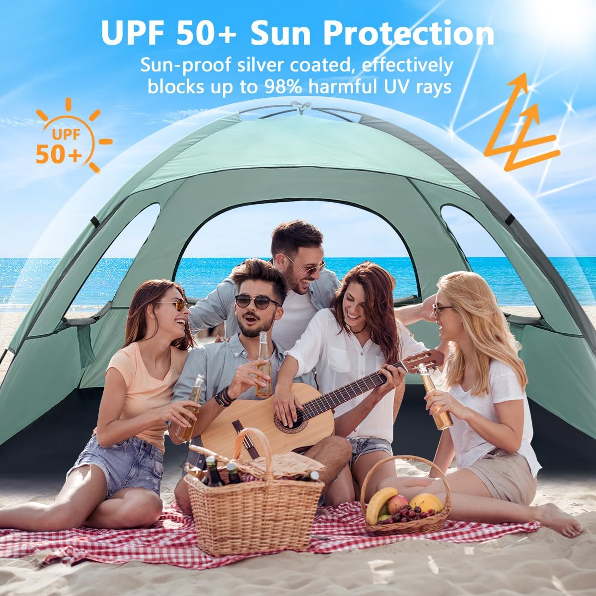 NXONE Beach Tent Sun Shade Shelter for 3/4/6 Person Person with UV Protection, Extended Floor, 3 Mesh Roll Up Windows & 8.0/8.5mm Fiberglass Rods丨Carry Bag Included