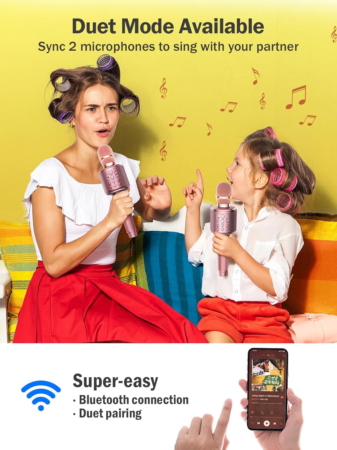 Wireless Bluetooth Karaoke Microphone, Built-in Loud Speaker for 10H Playback, Add Reverb/Duet Mode/Earbuds Monitoring, Portable Karaoke Machine for Entertainment & Singing Practice (Rose Gold)