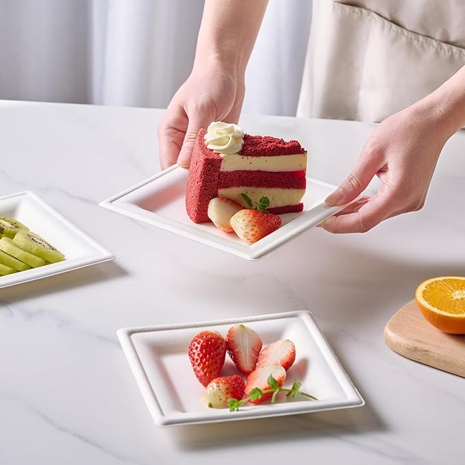 ECOLipak 150 Piecs Compostable Square Plates, 6 inch Eco-friendly Heavy Duty Biodegradable Sugarcane Disposable Paper Plates for Party Dinner Birthday