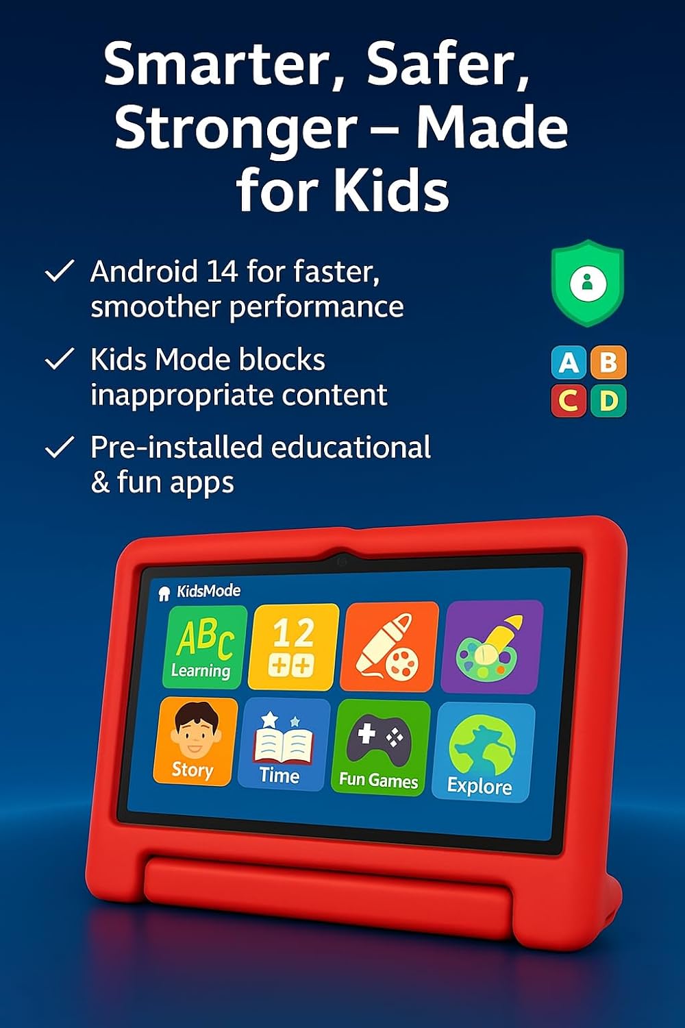 10.1 Inch Kids Tablet with Shockproof Case | Android 14, 64GB+8GB RAM, 12H Battery | Parental Control, Google Kids Space & Preloaded Educational Apps | WiFi 6, HD Display, Ages 3-12