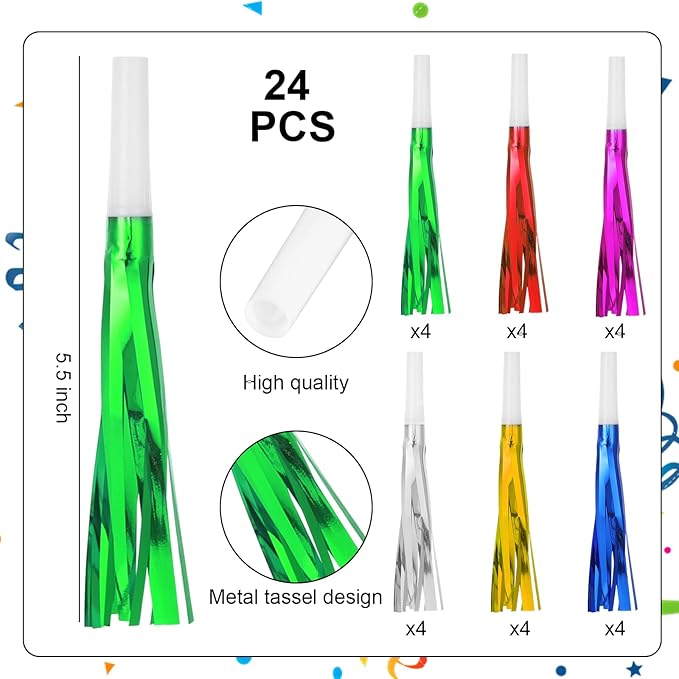 24 Pcs Party Horns, Party blowers Noise Makers, Graduation Noise Makers Glitter Metallic Fringed Birthday Blowers for Wedding Birthday Graduation Ceremony Festival (6 Colors)