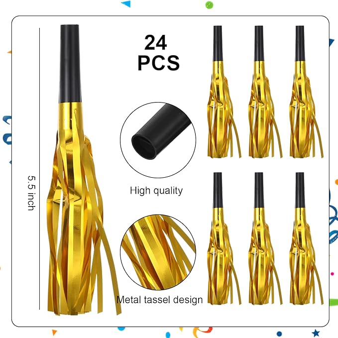 24 Pcs Party Horns, Party blowers Noise Makers, Graduation Noise Makers Glitter Metallic Fringed Birthday Blowers for Wedding Birthday Graduation Ceremony Festival (Gold)