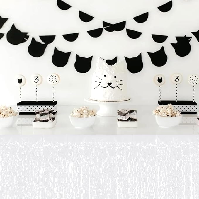 4P Wavy Metallic Tinsel Foil Fringe Table Skirts for Rectangle Tables Backdrop Garland Curtains for Parade Floats Wedding Birthday Parties Decoration Graduation 2025 Christmas (Makaron White)