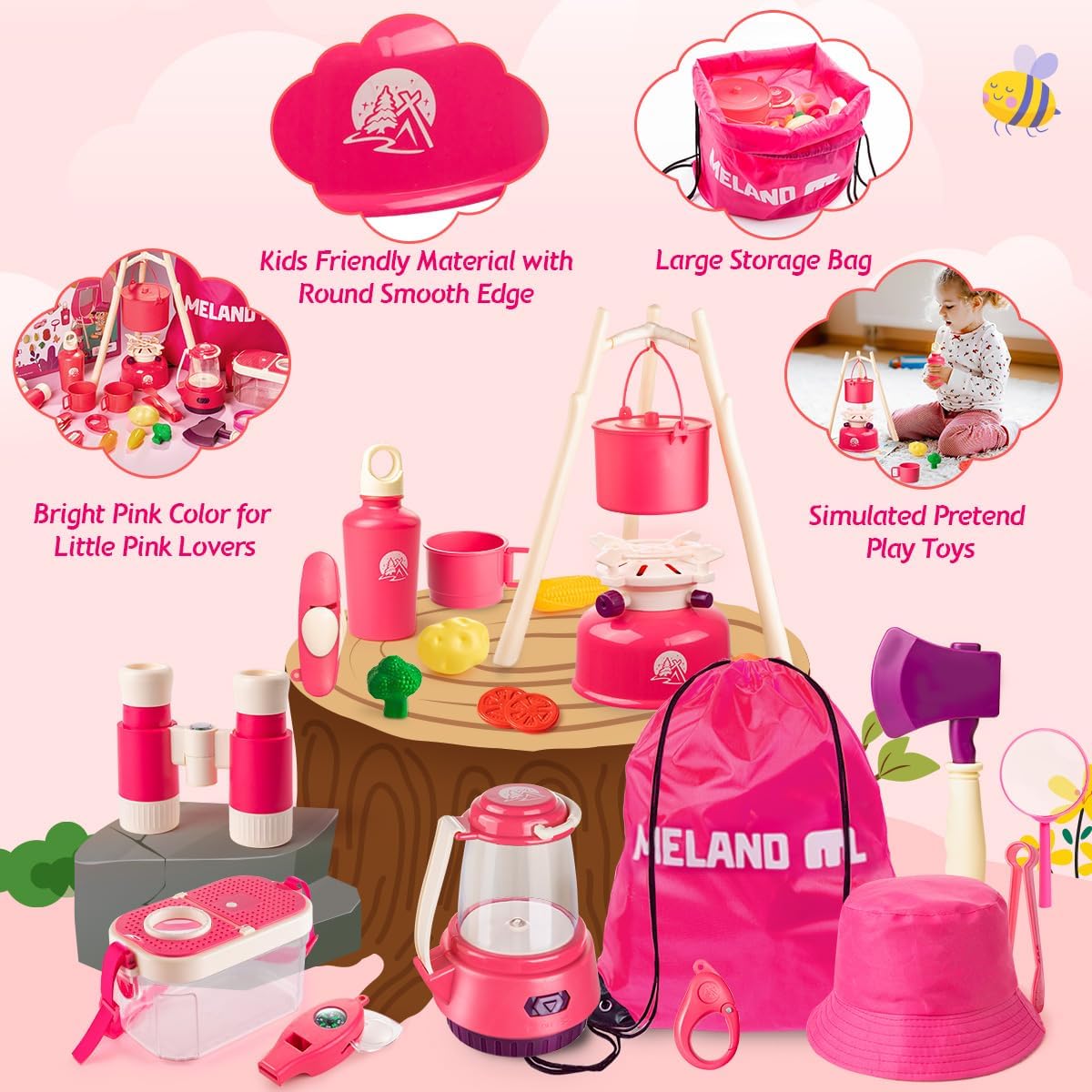 Meland Kids Camping Set for Girls - Camping Tent Toys for Girls Indoor Outdoor Pretend Play, Christmas Birthday Gift Idea for Toddler Girls Age 3,4,5,6 Year Old