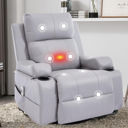 KCQ Electric Massage Swivel Rocker Recliner Chairs with Heat Cup Holders Overstuffed PU Leather Power Rocking Glider Chairs Reclining Lounge Chair for Adults, Grey