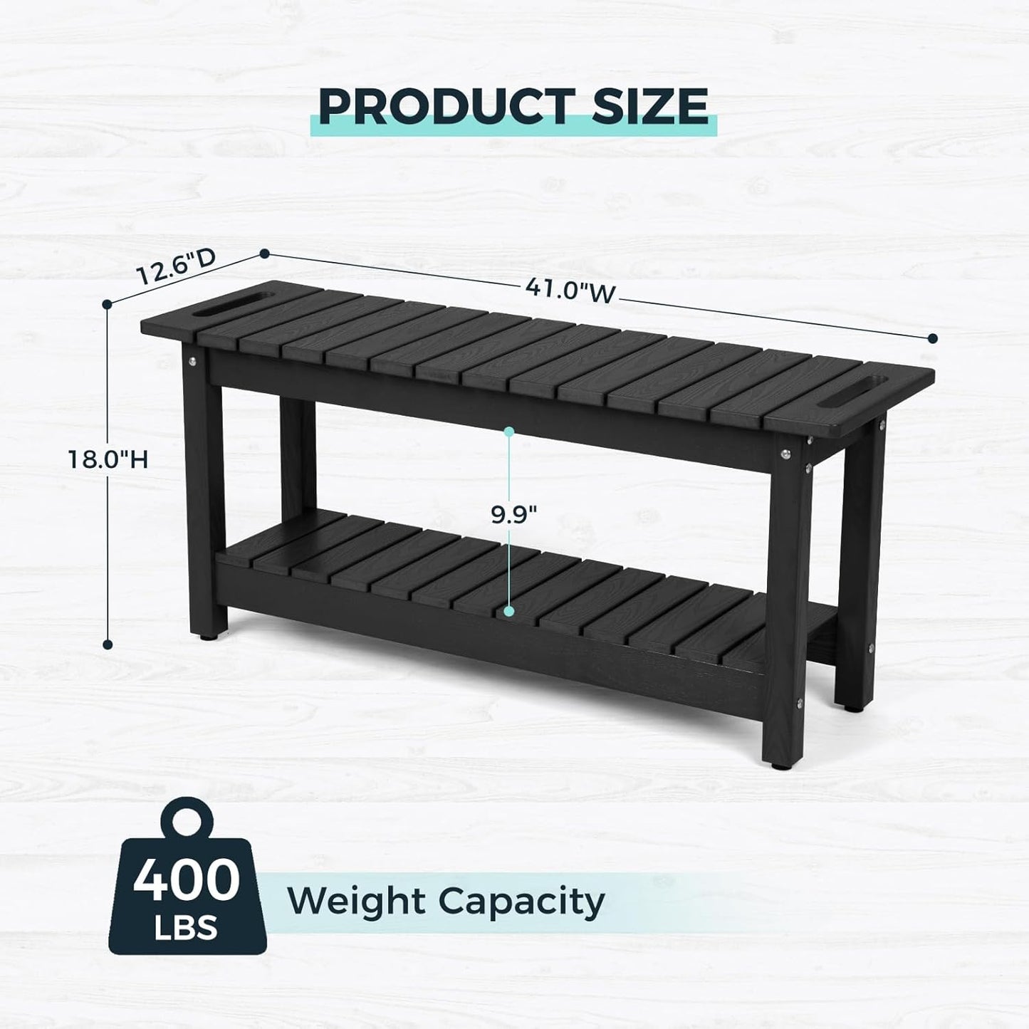 41" Shower Bench, Waterproof Poly Lumber Shower Stool for Shaving Legs, Shower Chair Seat Holds up to 400lbs, Bathroom Bench for Inside Shower, Non-Slip (Black)