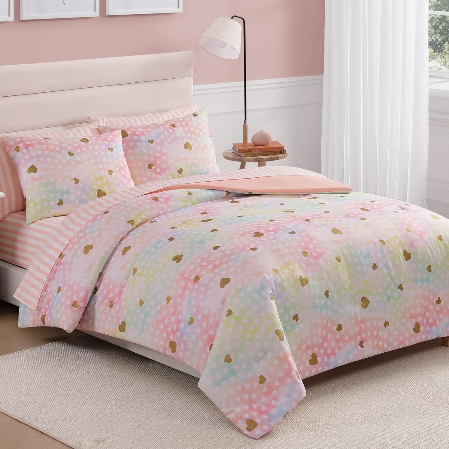 Twin Comforter Set with Sheets for Girls-5 Pieces Twin Bedding Sets with Pink Comforter, Sheets, Pillowcase & Sham for Kids (Colorful Gold Heart, 66" X 86")
