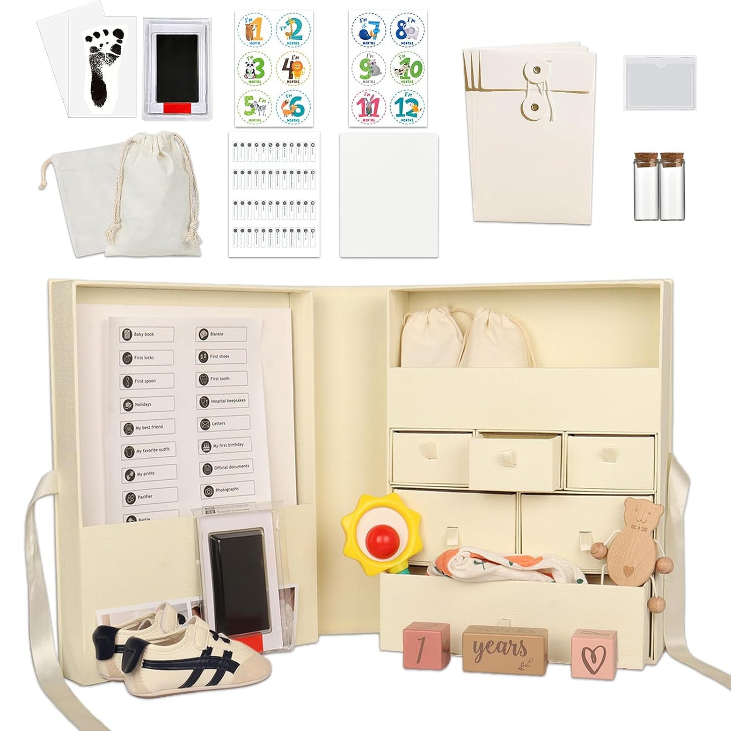 Memory Box for Kids,Baby Keepsake Box, Large Memory Box with Lids 8 Additional Items Neutral Minimalist Newborn Keepsake Box for Baby Girl & Boy,Gift for Baby Shower, Expecting Moms（Light Yellow）