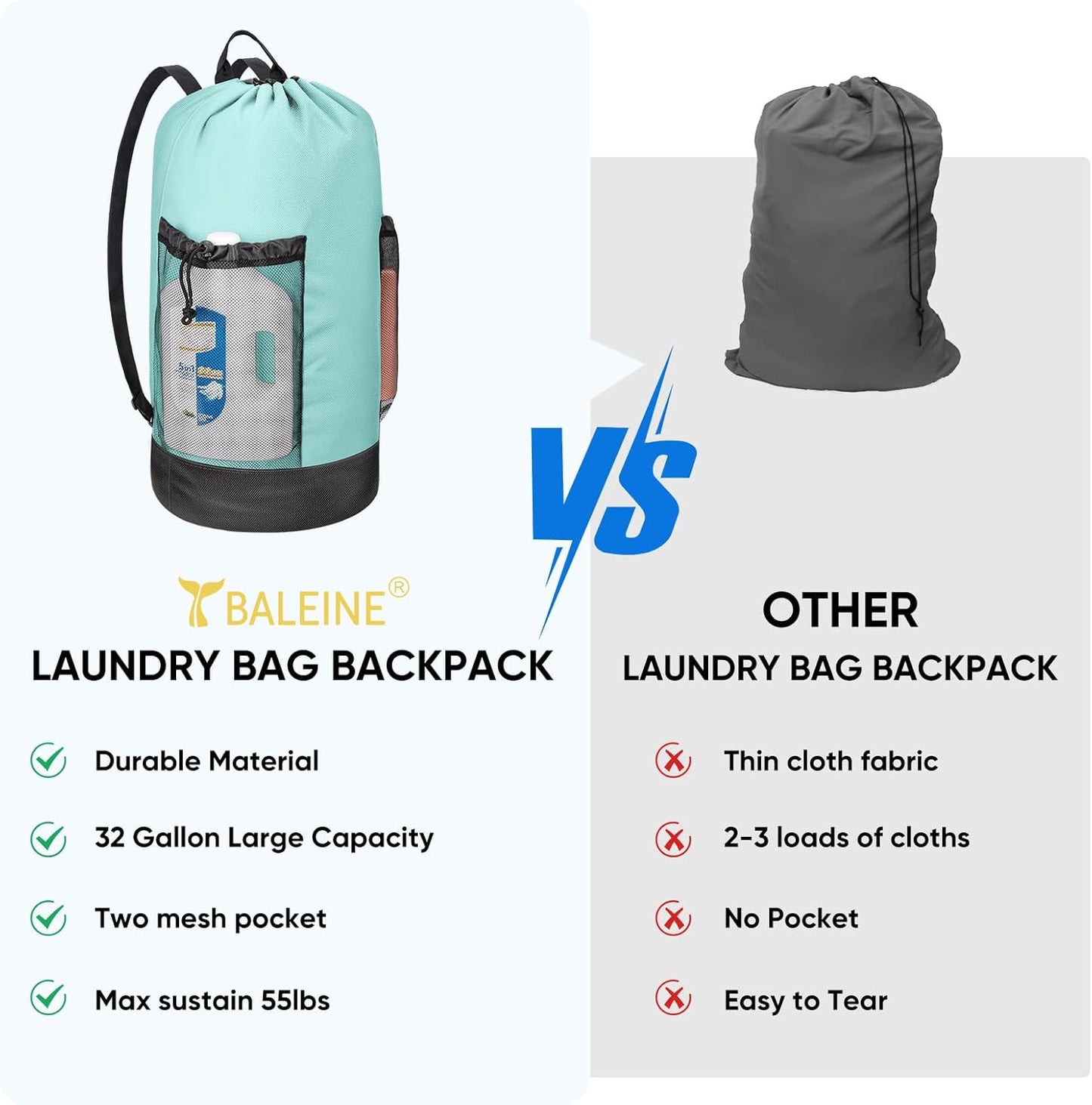 BALEINE 150L Laundry Bag Backpack, 900D Oxford Fabric Large Travel Laundry Bags with Shoulder Straps and 2 Mesh Pockets for College Dorm, Apartment, Laundromat (Sky Blue, 150L)