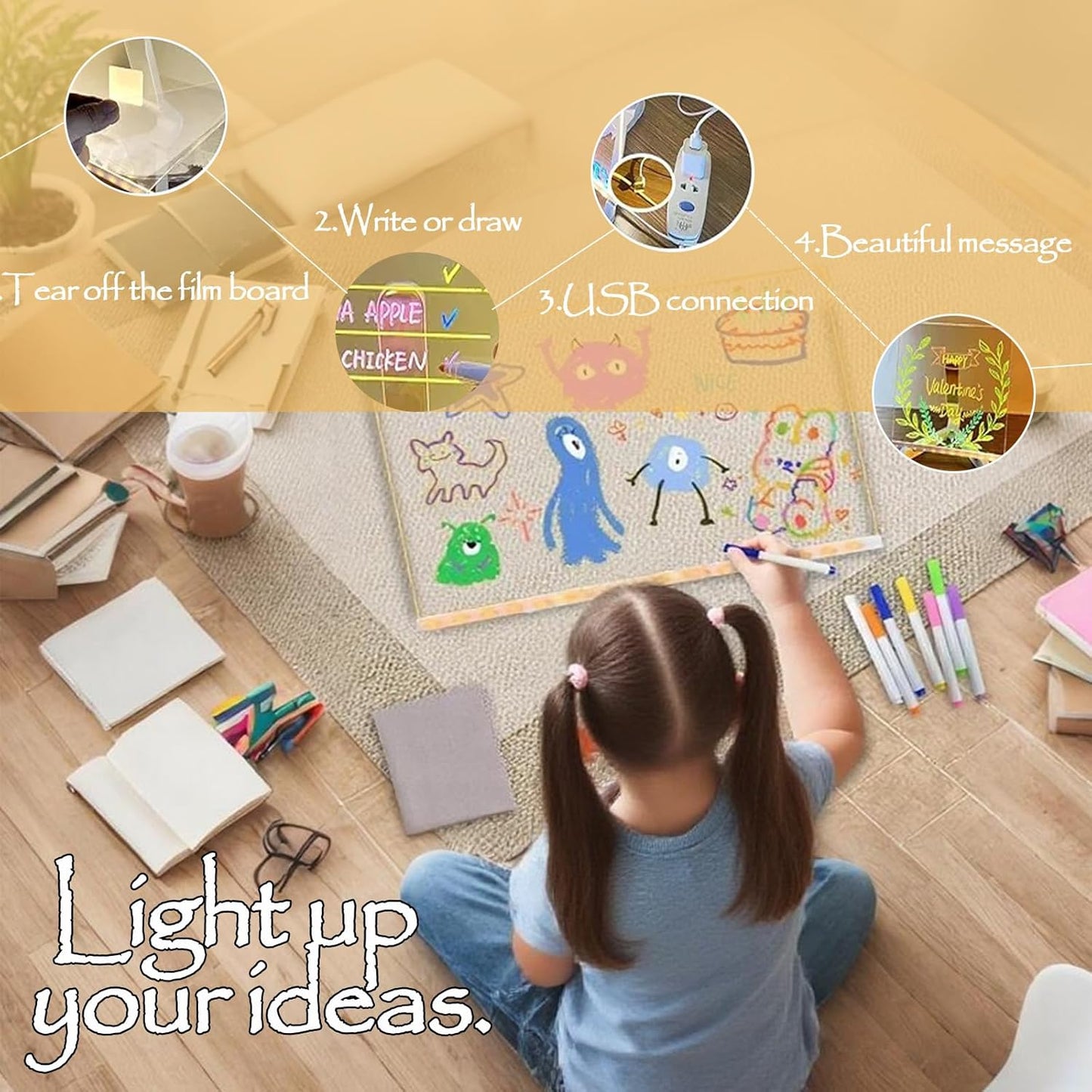 LED Note Board with 7 Colors Pen, 2025 New Acrylic Message Marker Board with Stand, Lighted Acrylic Dry Erase Board Illuminated Drawing Board Light with Colors for Office Home Christmas (20 * 20 cm)