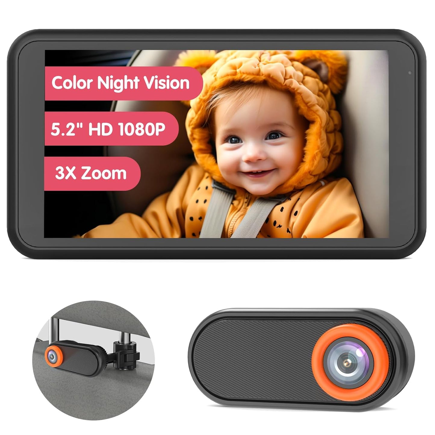 BM2 Car Camera for Baby, 5.2" 1080P Screen with 3X Zoom, Clear Rear-Facing View, 360° Rotating Lens, Easy Installation – Safety for Infants and Pets