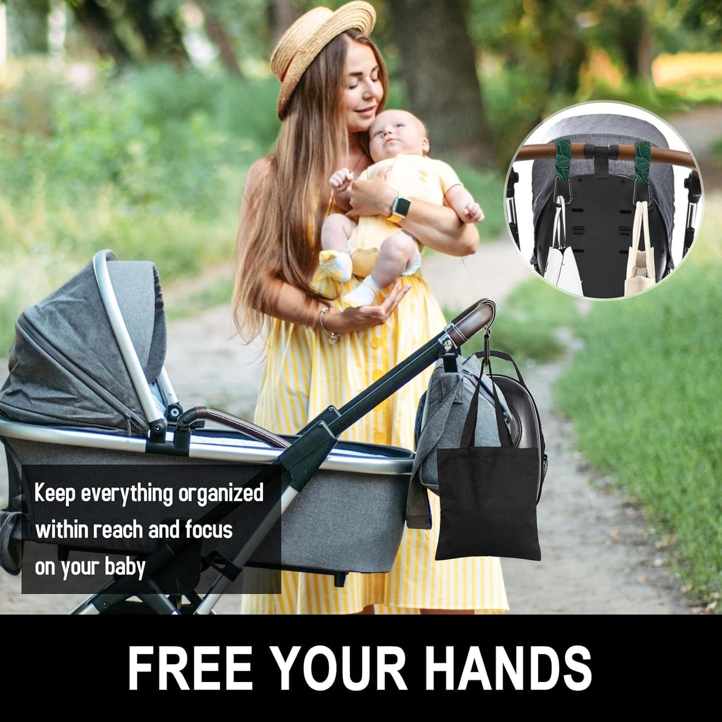 Baby Stroller Hooks for Hanging Bags, Universal Stroller Clips Accessories, Mommy Hook for Diaper Bag, Shopping Cart, Purse, Backpack - 2 Pack, Green Leaf