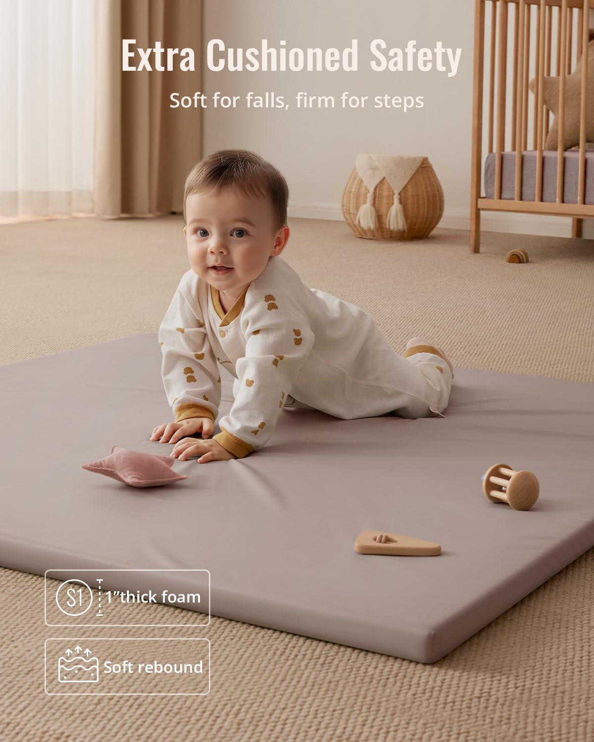 Blissful Diary Vegan Leather Baby Play Mat, 47x47 Thicken Foam Cushioned & Waterproof Playpen Mat for Infants and Toddlers, Stylish and Just Wipe-Clean Playmat for Baby Play on Floor, Brown Gray