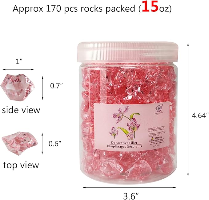 HappyFiller 15 OZ Pink Faux Ice Rocks 170 PCS Fake Crystal Cubes Stones Acrylic Gem for Glass Vase Fillers,Floral Display,Wedding Centerpieces,Party Deecor,Crafts,Table Scatter,Home Decoration