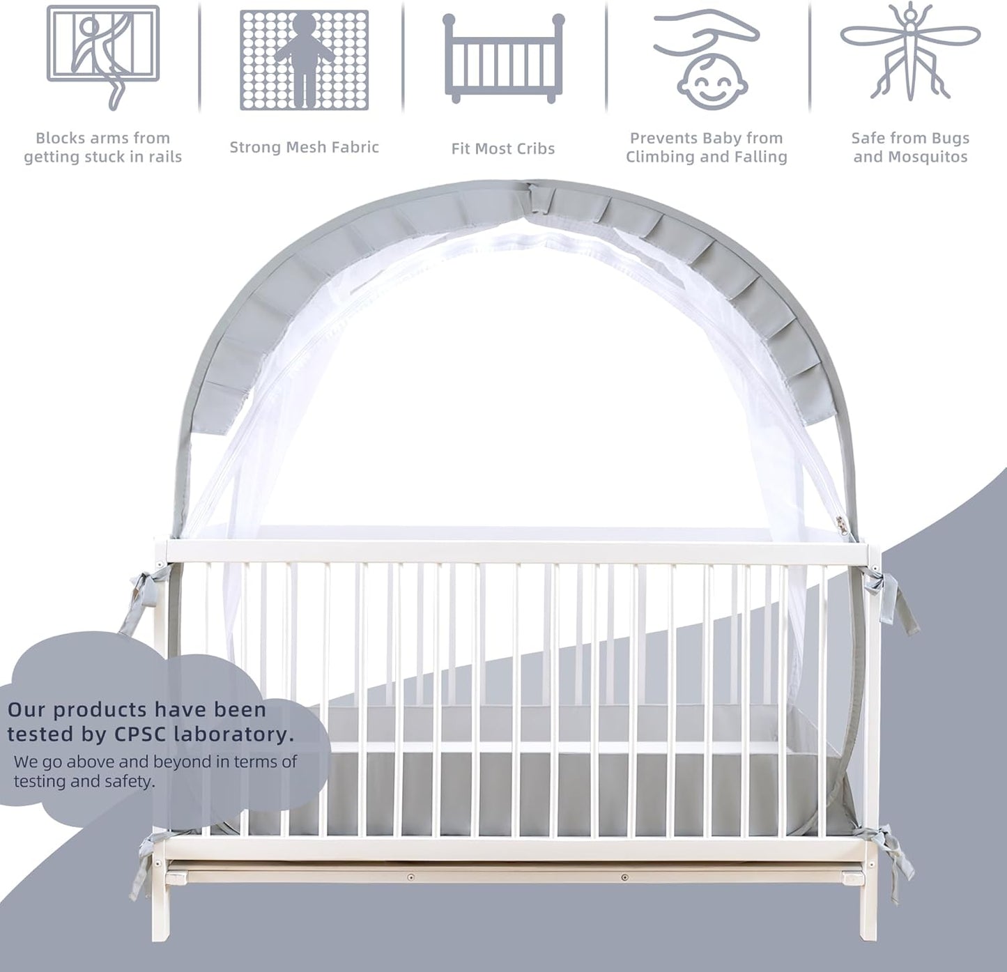 Lazyzzzz Baby Crib Tent - Pop Up Crib Canopy with Double Zipper Self-Locked,1200 Holes/Inch Mesh Crib Net to Keep Baby from Climbing Out, Portable Easy Install 55" L x 27" W x 51" H Grey