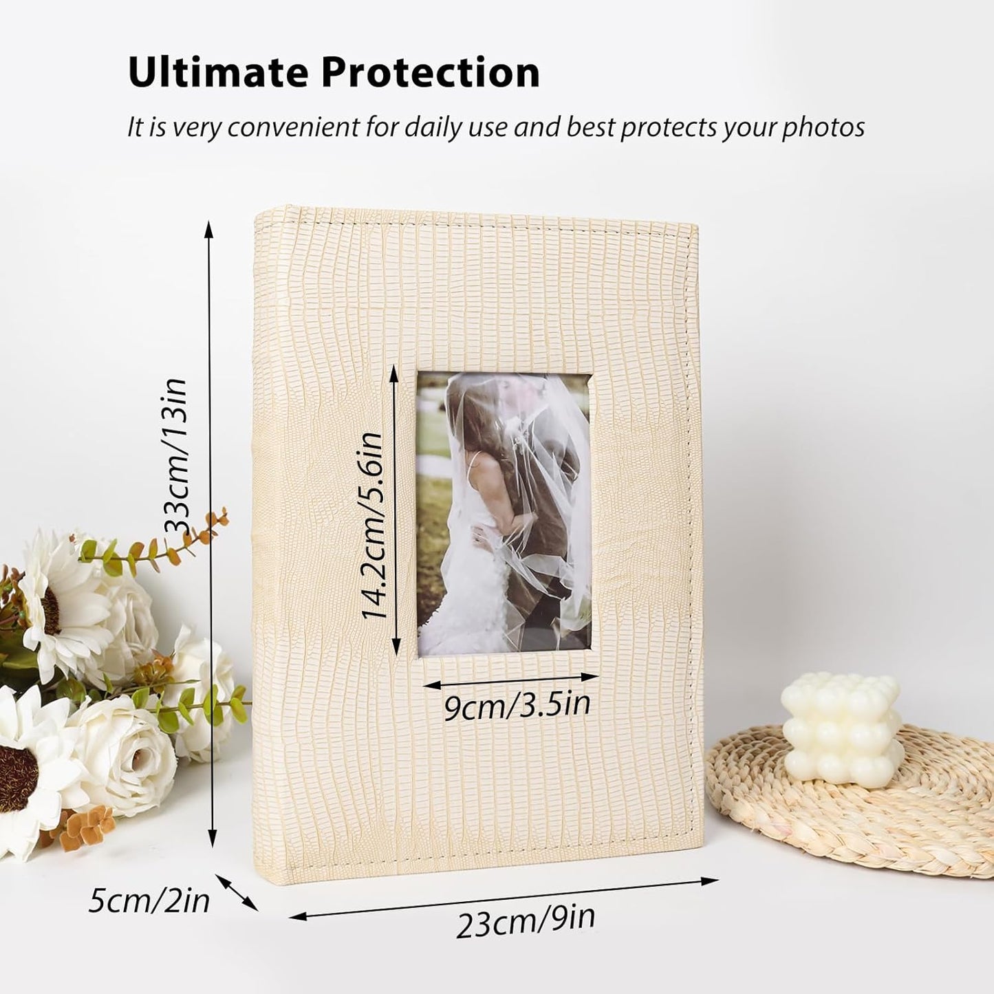 RECUTMS Photo Album for 4x6 Pictures,Leather Cover with Front Window,50 Sheets Small Slip-in Photo Book 300 Photos with Writing Space for Wedding Family Baby Graduation (Beige)