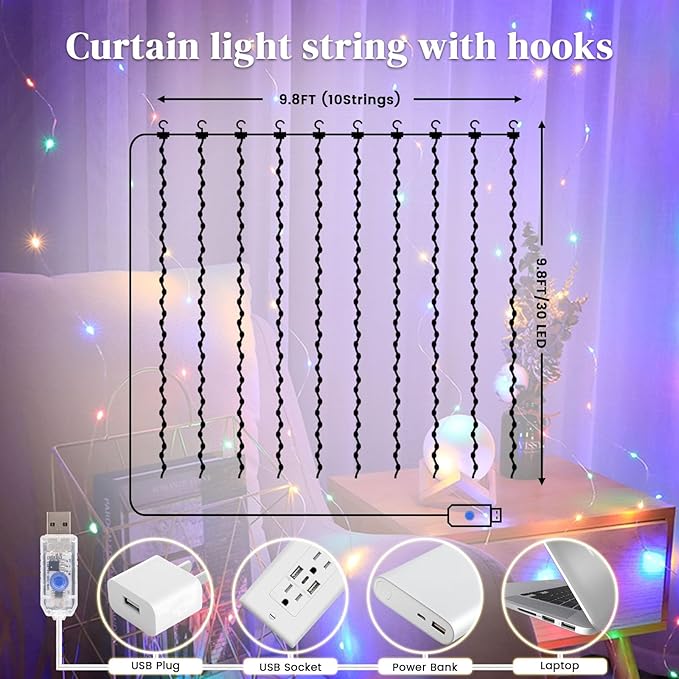 DomeStar 300 LED Fairy Curtain Lights, 9.8ft x 9.8ft Battery Operated with 8 Modes Remote Christmas Waterproof String Hanging Lights for Bedroom Patio Garden Party Wedding Wall Decor (Multicolor)