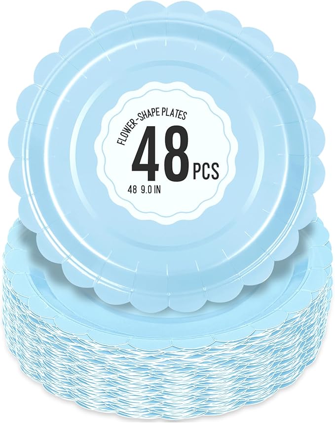 48 Pcs Light Blue Paper Plates 9 Inch Scalloped Dessert Plates - Disposable Light Blue Cake Plate - Baby Shower Birthday Party Wedding Bridal Party Supplies