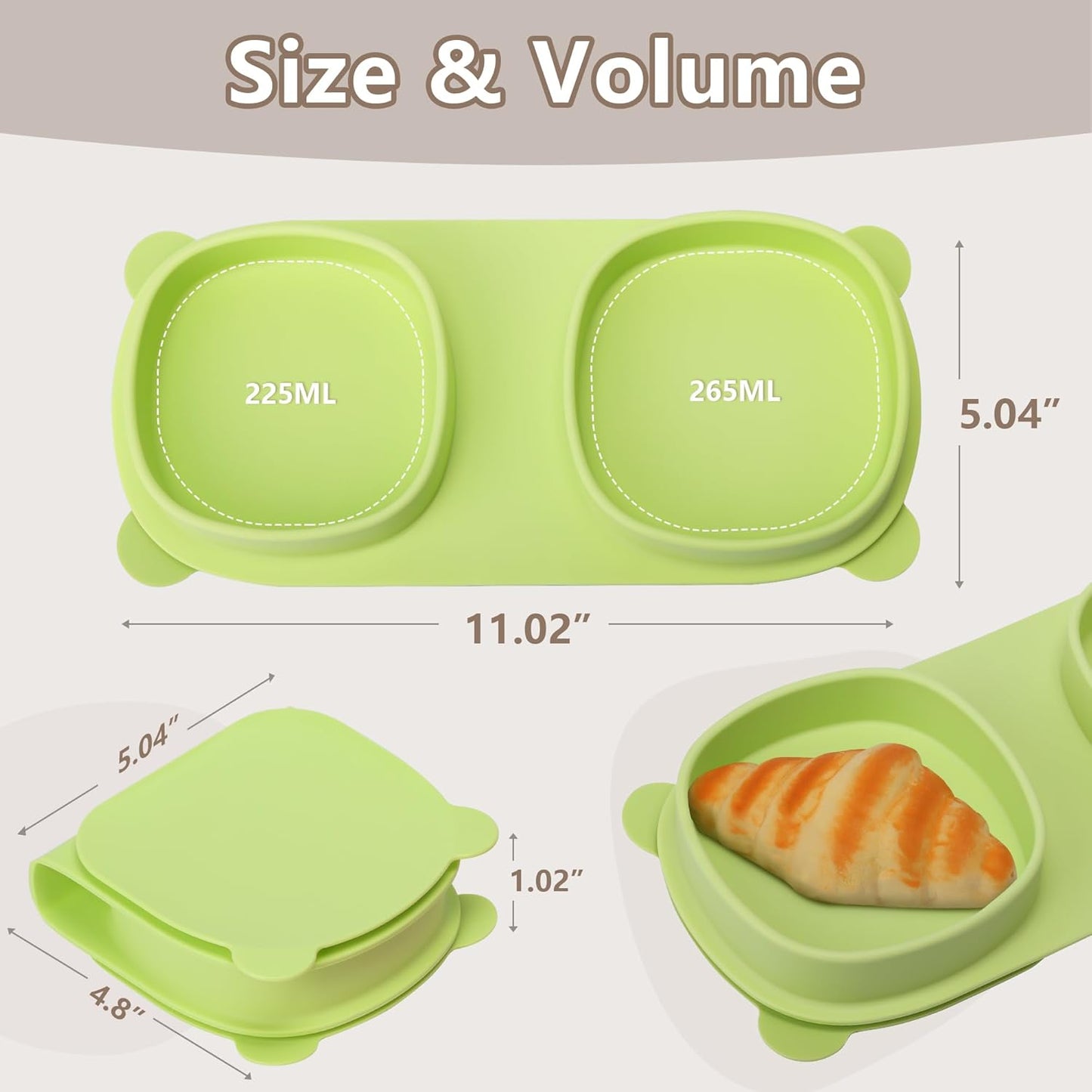 Silicone Foldable Novelty Dinner Plates,Suction Plates for Baby Travel Essential with Forks and Spoons,Microwave & Dishwasher Safe,Green