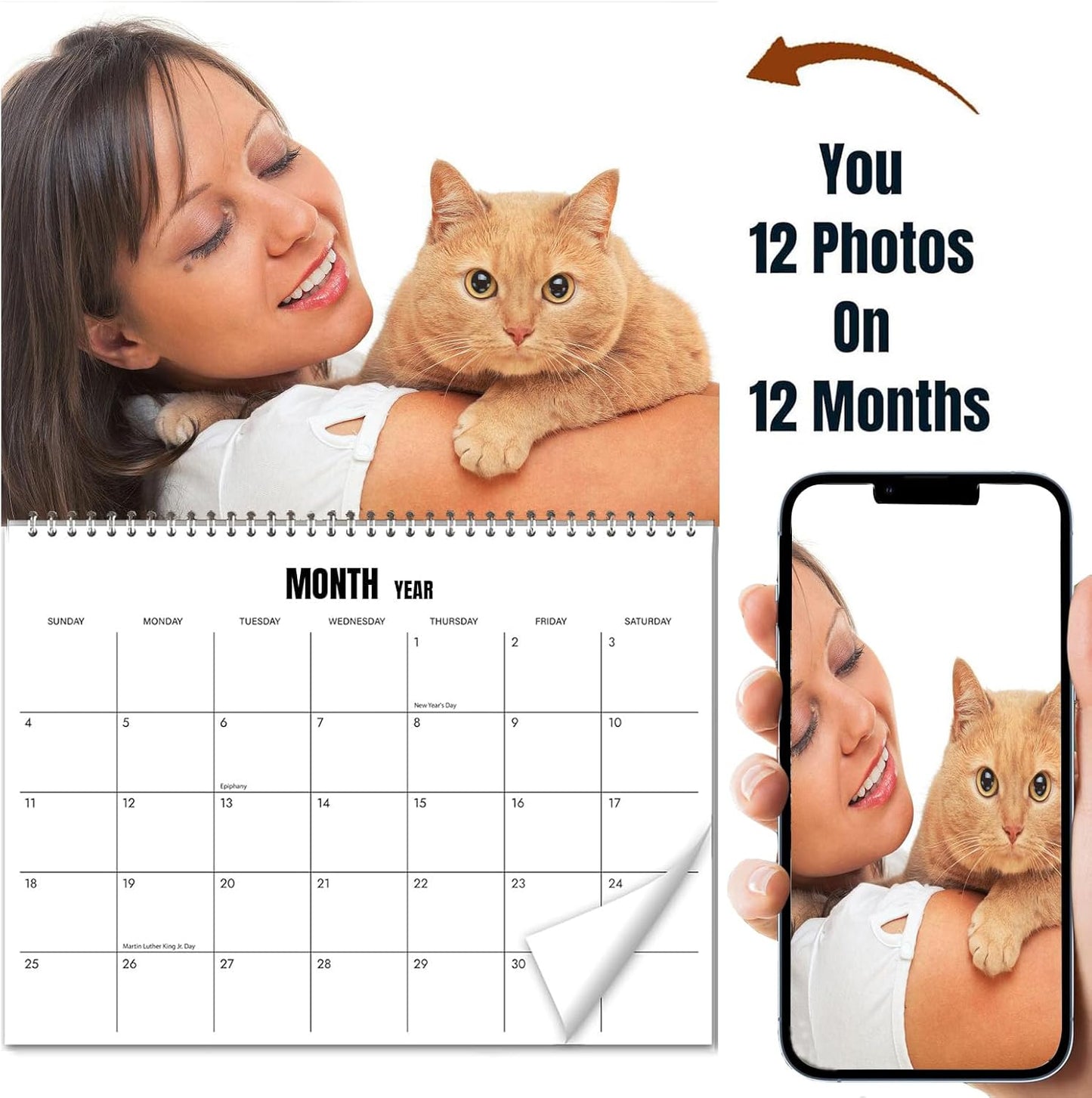 Customized Photo Wall Calendar 2026 for Home Cats Dogs Family Personalization Calendar 11 x 17 Inch Covering January to December 2026,Quality Printed Photo Wall Calendar,Can Print 13 of Your Photos