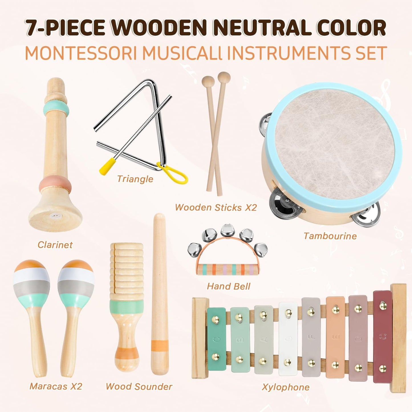 LeeQee Montessori Toys for 1 2 3 Year Old - Wooden Toys Baby Musical Instruments, Neutral Colors Percussion Instruments Set with Modern Boho Xylophone for Toddlers 3+ Music Education