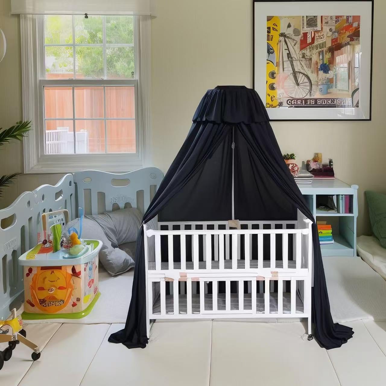 Blackout Crib Canopy Black Crib Tent to Keep Baby in Crib Cover Canopy Bed Curtains for Indoor and Outdoor (Sticker Holder not Included)