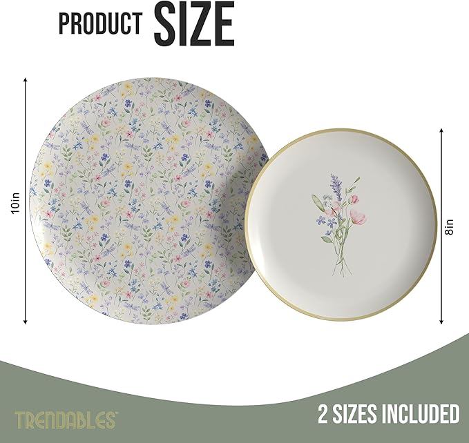 Trendables Heavy Duty Paper Plates Set For 32 Guests - 32 Each Of 8-inch And 10-inch Disposable Plates For Party - Fancy 64 Piece Dinnerware Set For All Occasions | Floral Design, Charm