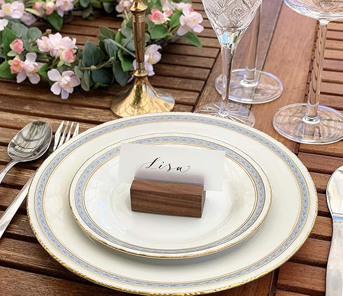 UNIQOOO 5 Pack Place Card Holders | Rustic Walnut Wood Escort Cards Display Stands | Table Number Sign & Photo Stand | Perfect for Retail Shop Cafe Home Wedding Dinner Party Events Decoration