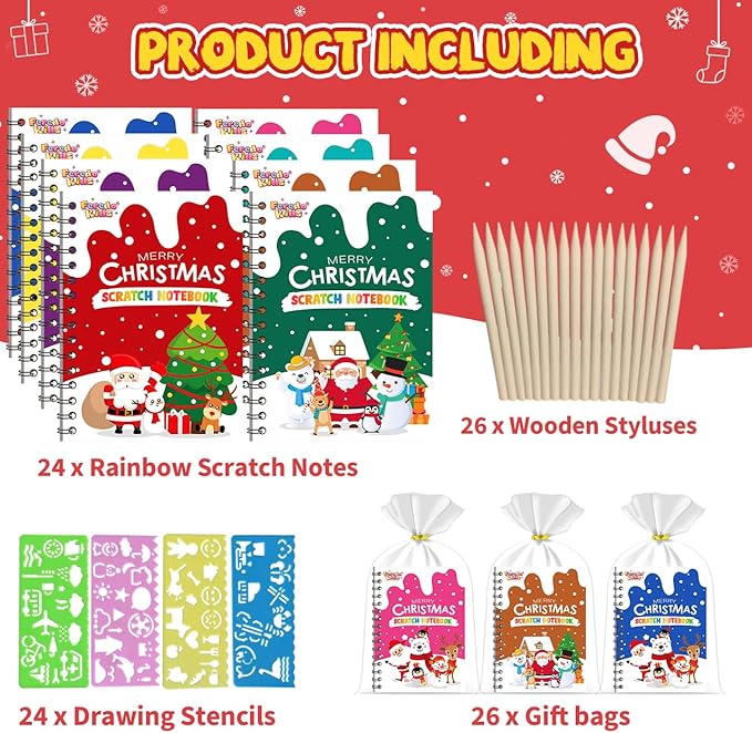 Party Favors for Kids: 24 Pack Christmas Rainbow Scratch Art Notebook Classroom School Supplies Bulk for Girls Boys Goodie Bags Stuffers, Return Gifts for Birthday Party Gift Kid Crafts