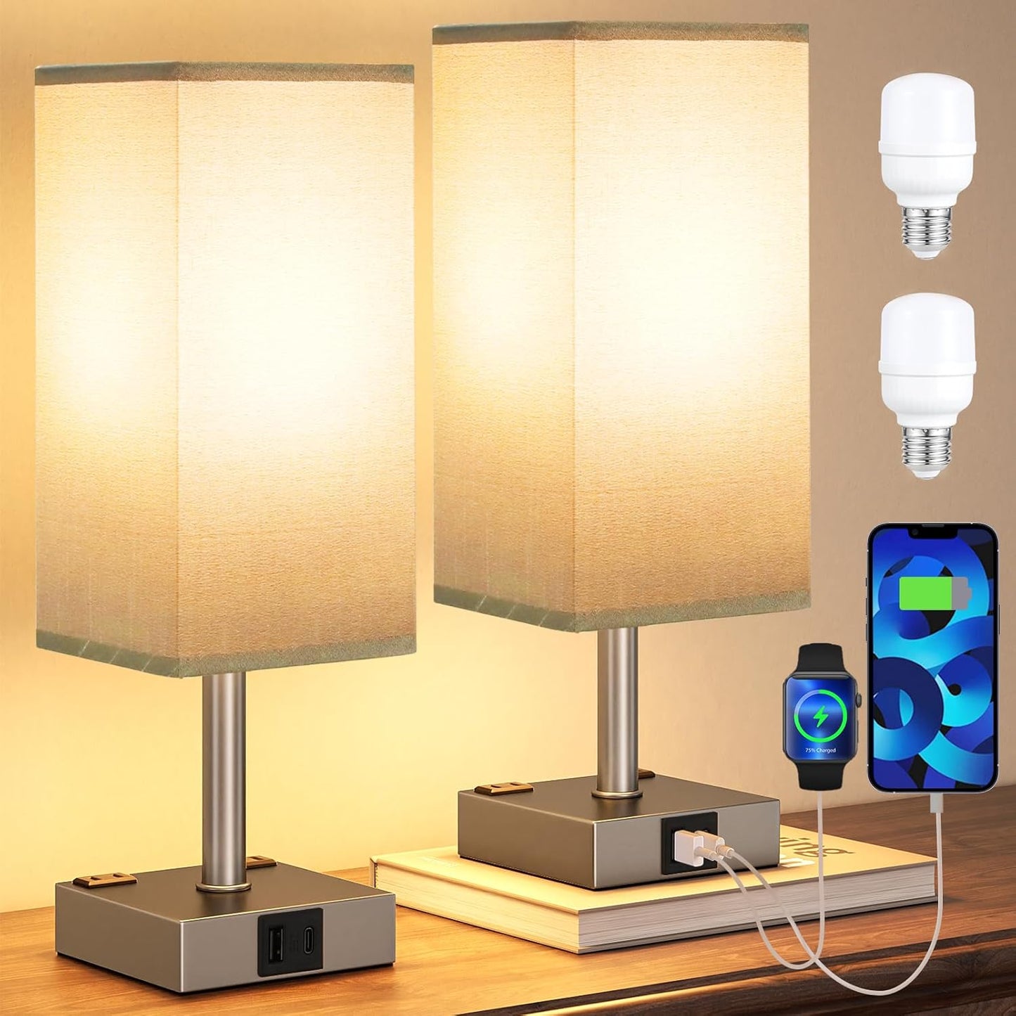 Dark Grey Touch Lamps Set of 2 - Nightstand Lamp with USB-C + A Charge Ports & AC Outlets, 3-Way Dimmable Bedside Lamp, Small Table Lamp Light for Bedroom (Bulb Included)