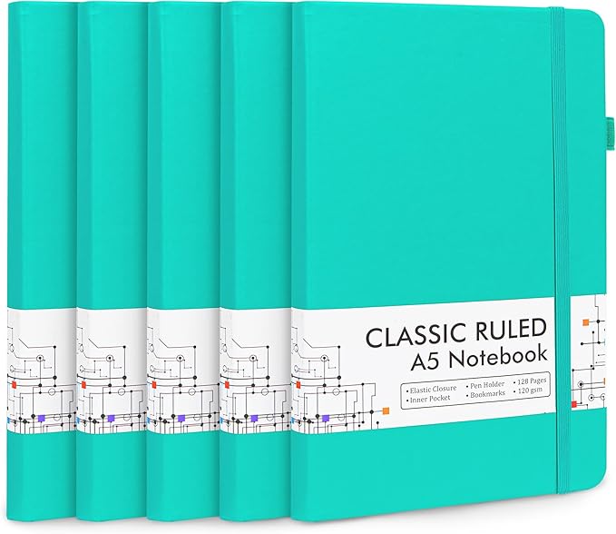 feela 5 Pack Notebooks Journals Bulk, Hardcover Notebook Classic Ruled Lined Journals with Pen Holder for Women Girls School Business Supplies, with 5 Black Pens, 120 GSM, 5.1”x8.3”, A5, Aqua