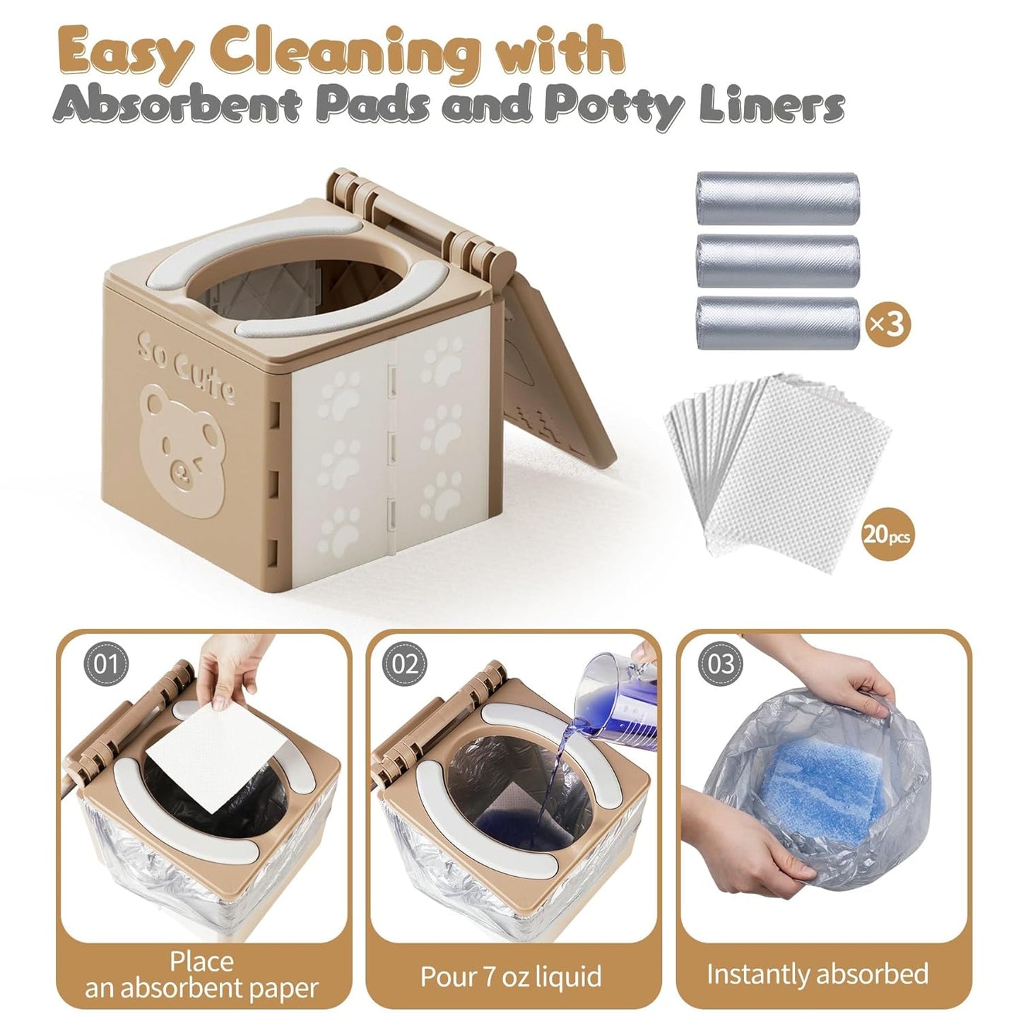 Travel Potty for Toddler with 3 Rolls Liners, 20 Pcs Absorbent Pads, Foldable Car Potty for Toddlers, Portable Potty Seat for Toddler Travel, Portable Potties for Tollder Outdoor and Camping Use