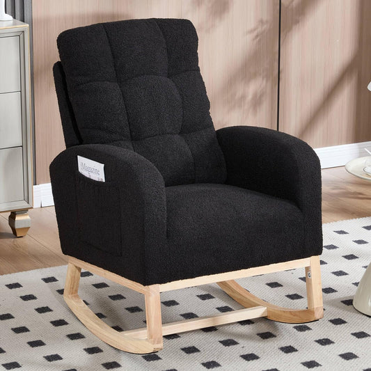 NIOIIKIT Nursery Rocking Chair, Teddy Upholstered Glider Chair with Side Pocket, Glider Rocker Chair with Tufted Back, Comfy Accent Nursing Chair for Living Room (Black Retro)
