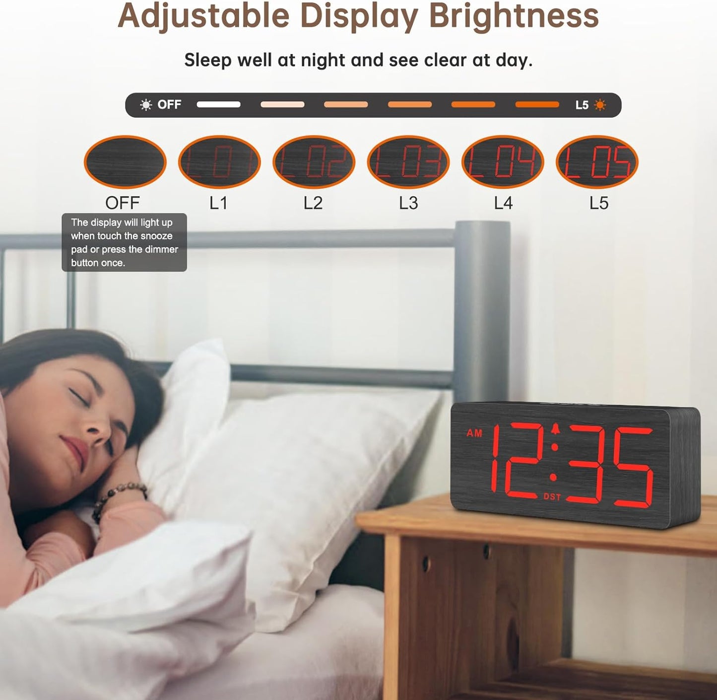 DreamSky Wooden Digital Alarm Clock for Bedroom - Desk Clocks for Living Room with Large Numbers, Loud Alarm for Heavy Sleepers with Volume Control, Dimmer, DST, Office Wood Decor (Adapter Powered)