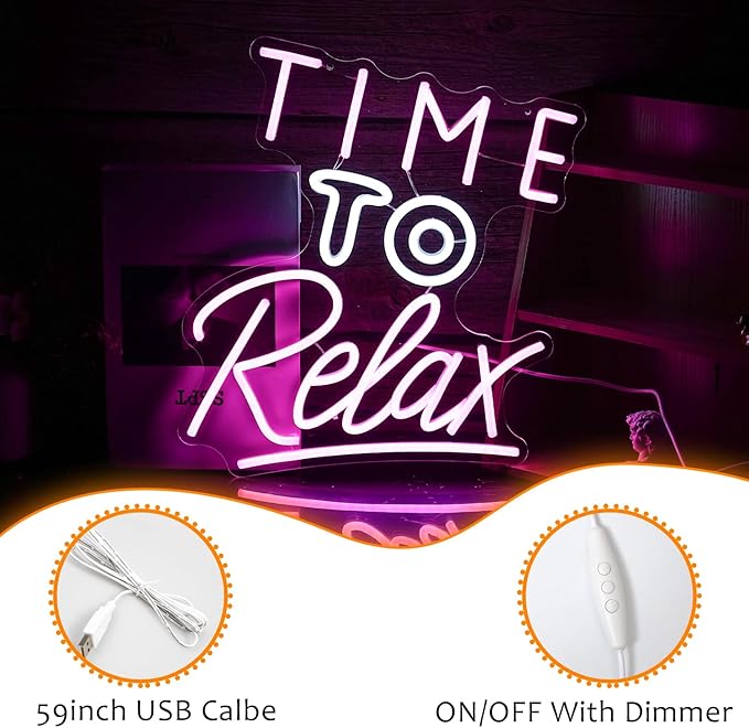 Time To Relax Neon Sign Pink White Letter Led Neon Lights Wall Decor Dimmable Relax Light Up Signs USB Powered with Switch Neon Signs for Spa Massage Bedroom Decor Bar Party Wedding