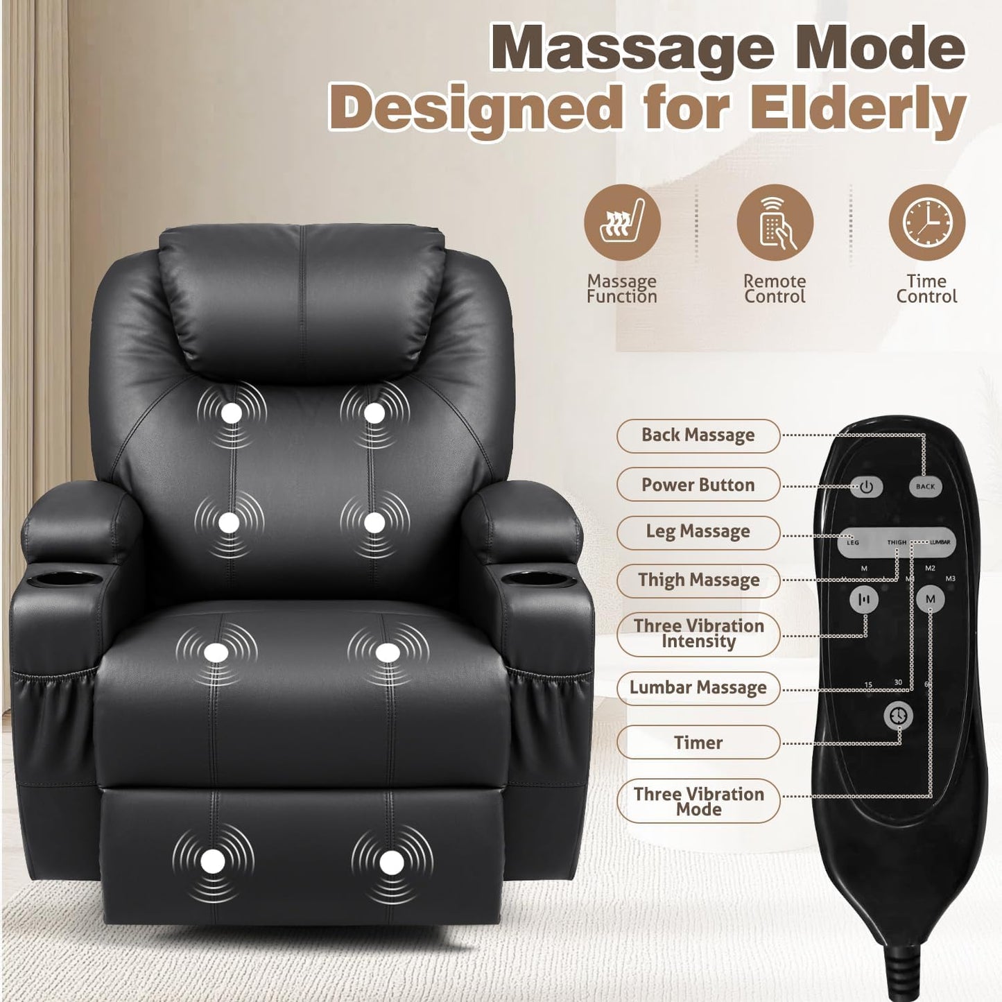 Recliner Chair, 360° Swivel Rocker Chair for Adults, Rocking Recliner Chair with Massage, Comfy Single Sofa with Side Pockets Cup Holders for Living Room, Bedroom, Nursery (Leather, Black)