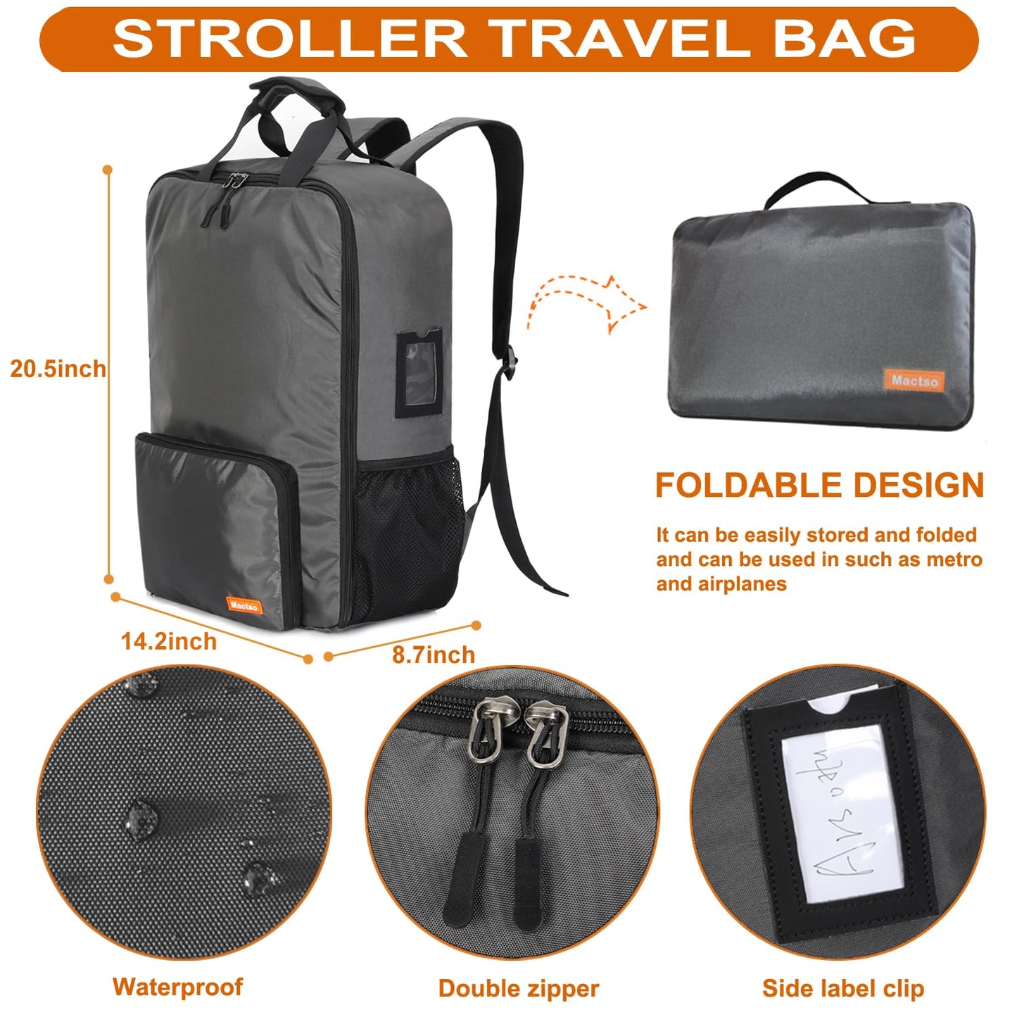 Mactso Stroller Travel Bag Compatible with GB Pockit Air Plus All Terrain and GB Pockit + All City, Lightweight Stroller Travel Backpack for Airplane (Grey, L)