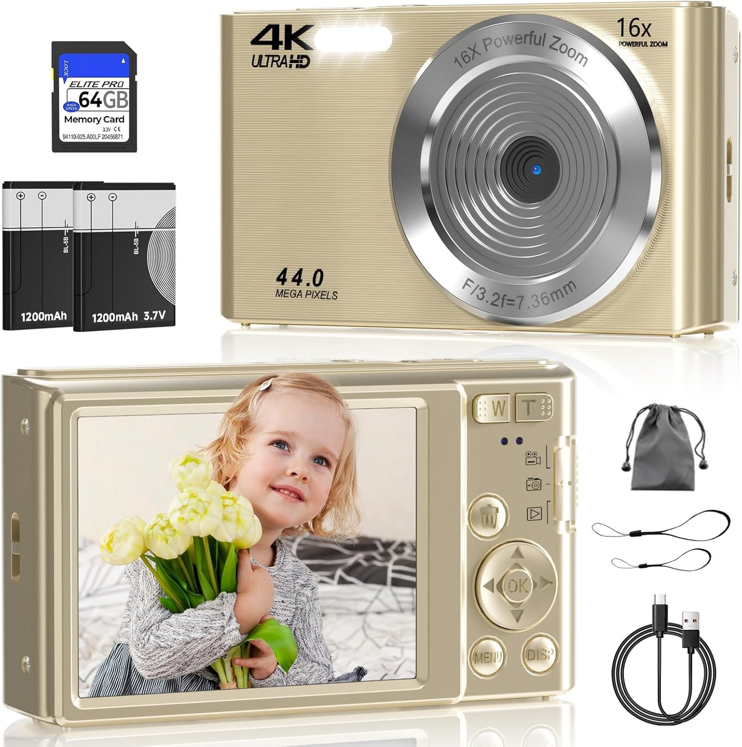 Digital Camera, FHD 4K Digital Camera with 64GB SD Card, 44MP Digital Point and Shoot Camera, 16X Digital Zoom, Anti Shake, 3-LED Fill Lights, Compact Camera for Kids Teen Boys Girls, Gold