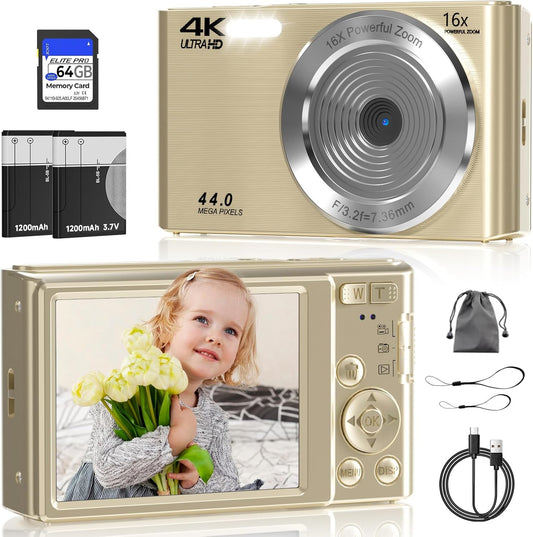 Digital Camera, FHD 4K Digital Camera with 64GB SD Card, 44MP Digital Point and Shoot Camera, 16X Digital Zoom, Anti Shake, 3-LED Fill Lights, Compact Camera for Kids Teen Boys Girls, Gold