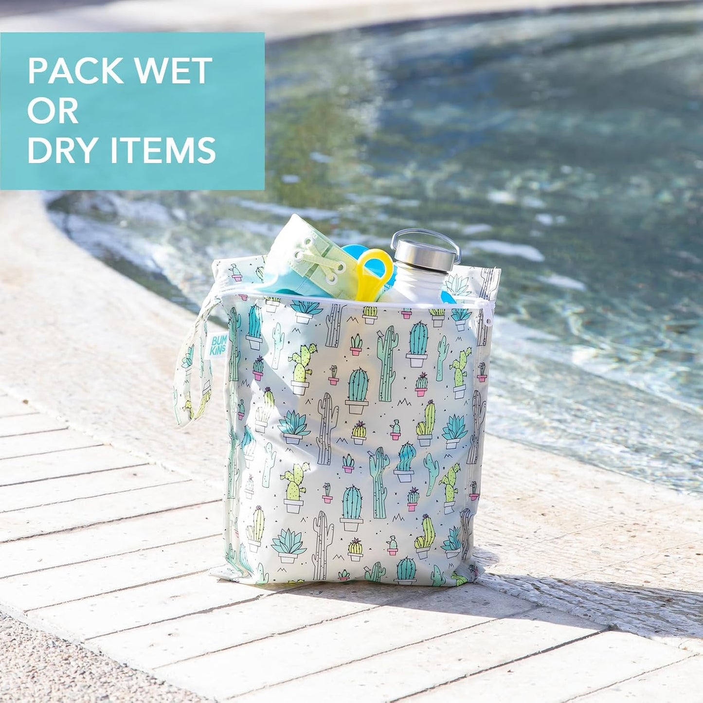 Bumkins - Waterproof Wet Bag - For Baby, Travel, Swim Suit, Cloth Diapers, Pump Parts, Pool, Gym, Toiletry, Strap to Stroller - Reusable & Easy to Clean - 2pk - Cactus & Arrows