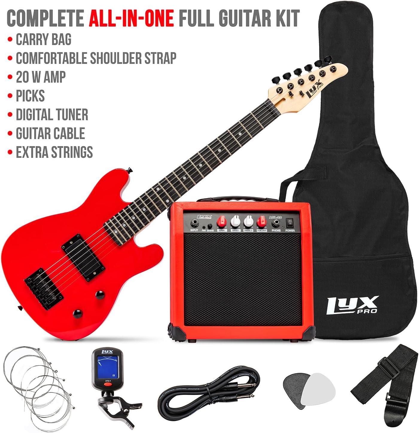 LyxPro 30 Inch Electric Guitar and Starter Kit for Kids with 3/4 Size Beginner’s Guitar, Amp, Six Strings, Two Picks, Shoulder Strap, Digital Clip On Tuner, Guitar Cable and Soft Case Gig Bag - Red