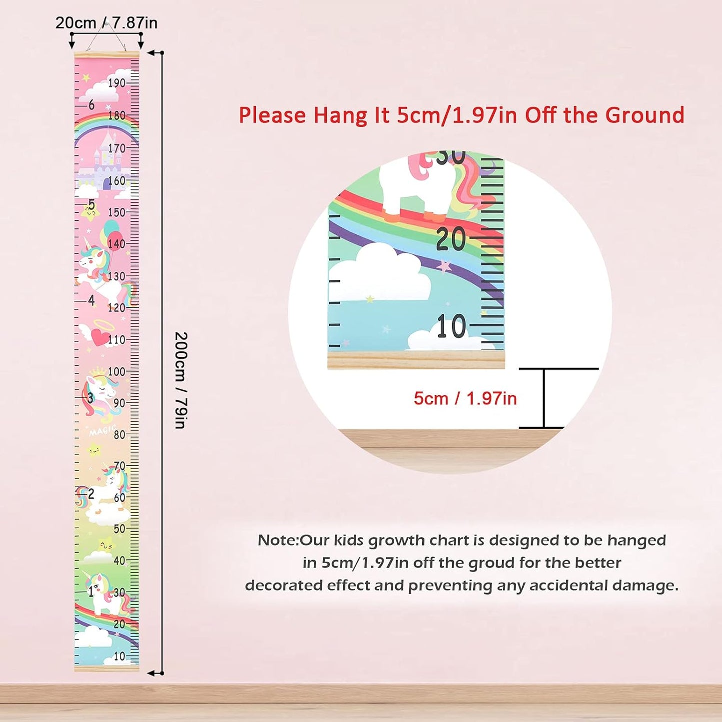 Kids Growth Chart Height Measuring Chart, Unicorn Canvas Wall Hanging Rulers for Baby Children Girls Bedroom Decor 74.8''* 7.87''