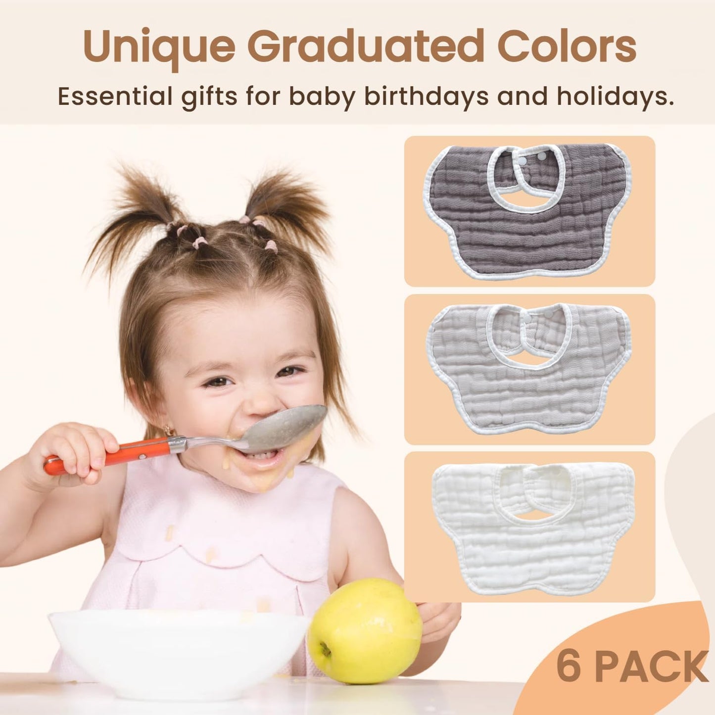 MUKIN Baby Drooling Towel, Snap Bibs, Muslin Bibs, 6 Pack, Adjustable, Soft Cotton