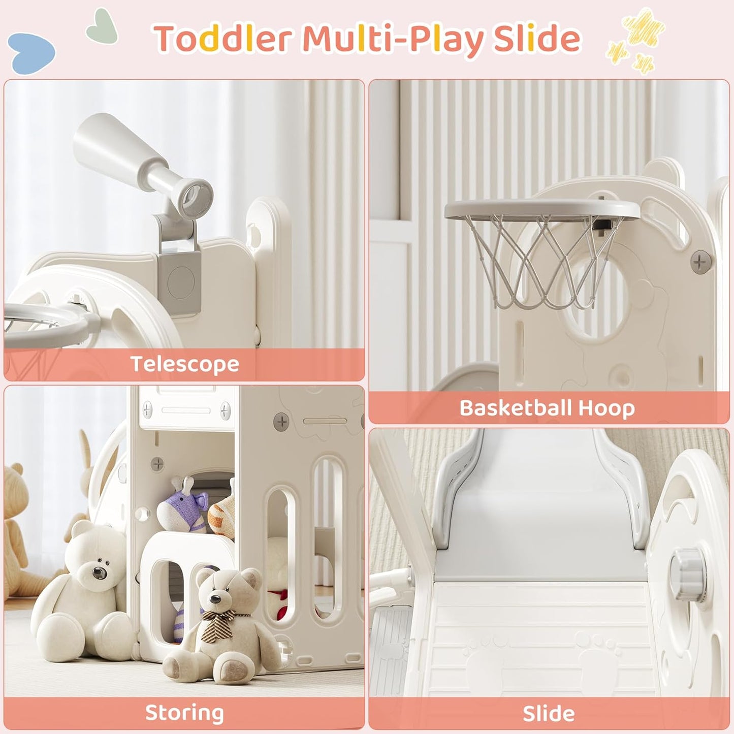 Toddler Slide Baby Slide for Toddlers Kids with Basketball Hoop Telescope Indoor Outdoor Slide Playset Playground