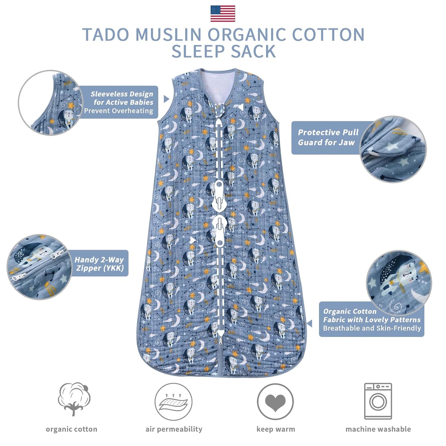 Baby Sleep Sack 12-24 Months Wearable Blanket for Babies 100% Organic Cotton 2-Way Zipper YKK 0.5 TOG Toddler Sleeping Sacks 1-2 T Bears