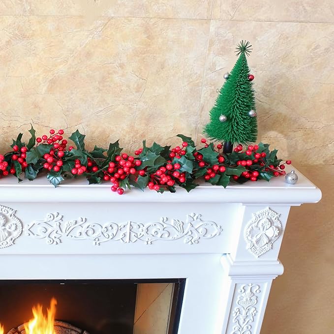 Uguisu 2pcs 5.6ft Red Artificial Christmas Garland,Eucalyptus Green Garland with Berry Flower Clusters,Artificial Vines for Fireplaces,Dining Tables,Christmas Parties