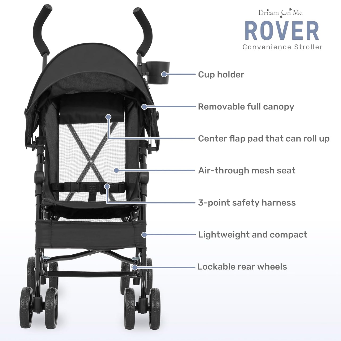 Dream On Me Rover Convenience Baby Stroller in Black, Lightweight & Compact Umbrella Stroller, Easy one-Hand fold Travel Stroller, Lockable Rear Wheels, Removable & Adjustable Canopy