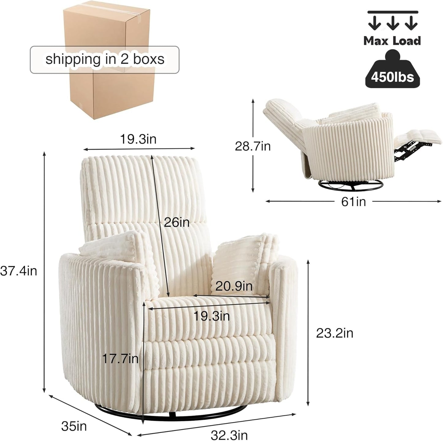 Recliner 360°Swivel Glider Rocking Chair, Upholstered Nursery Adult Rocking Chair with 2 Pillows for Living Room Bedroom (Beige Corduroy, Manual Operation)