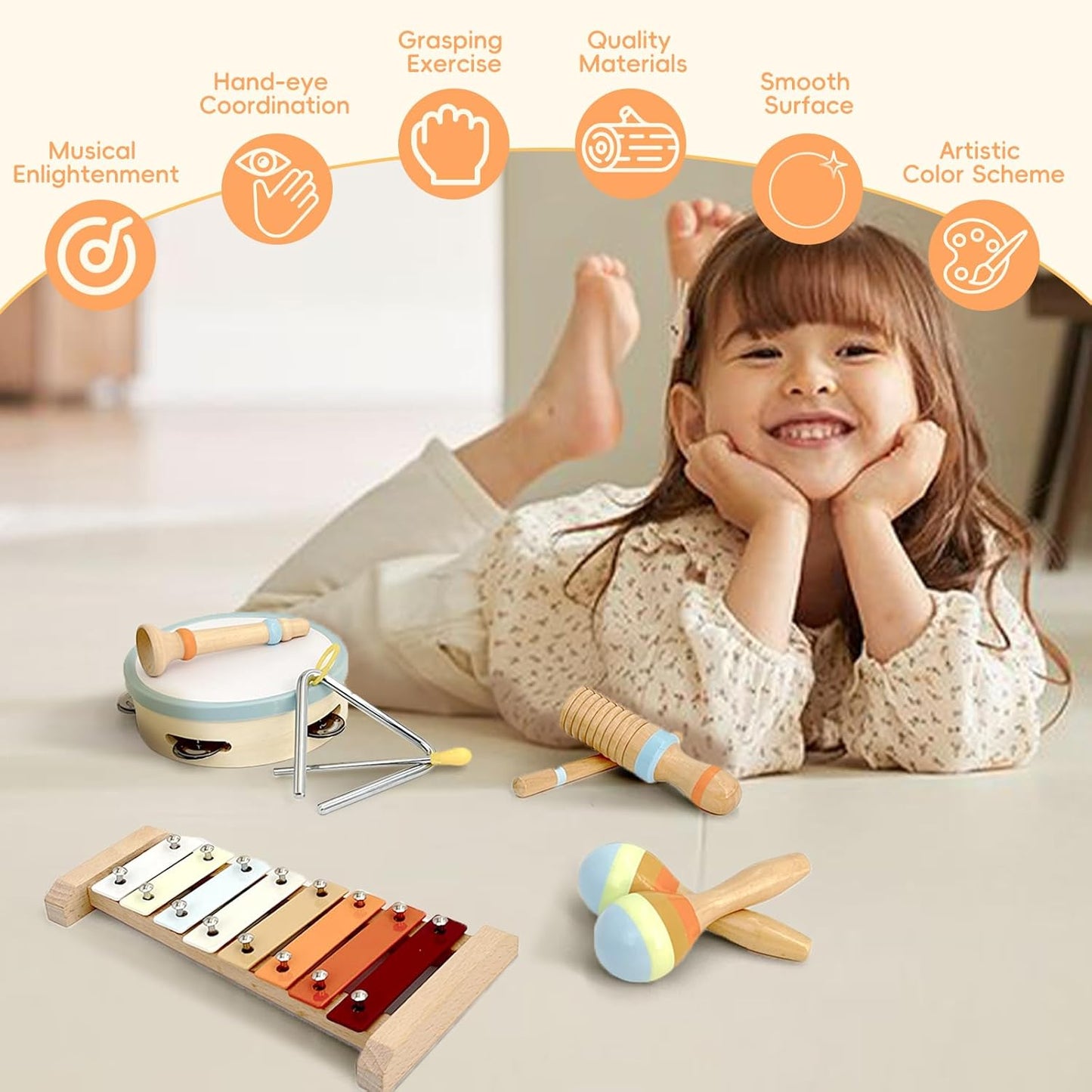 Baby Musical Instruments, 7 Pcs Set Montessori Musical Toys, Musical Instruments for Toddlers 3+, Neutral Colors Wooden Percussion Instruments Set, Suitable for Education for 3+ Children