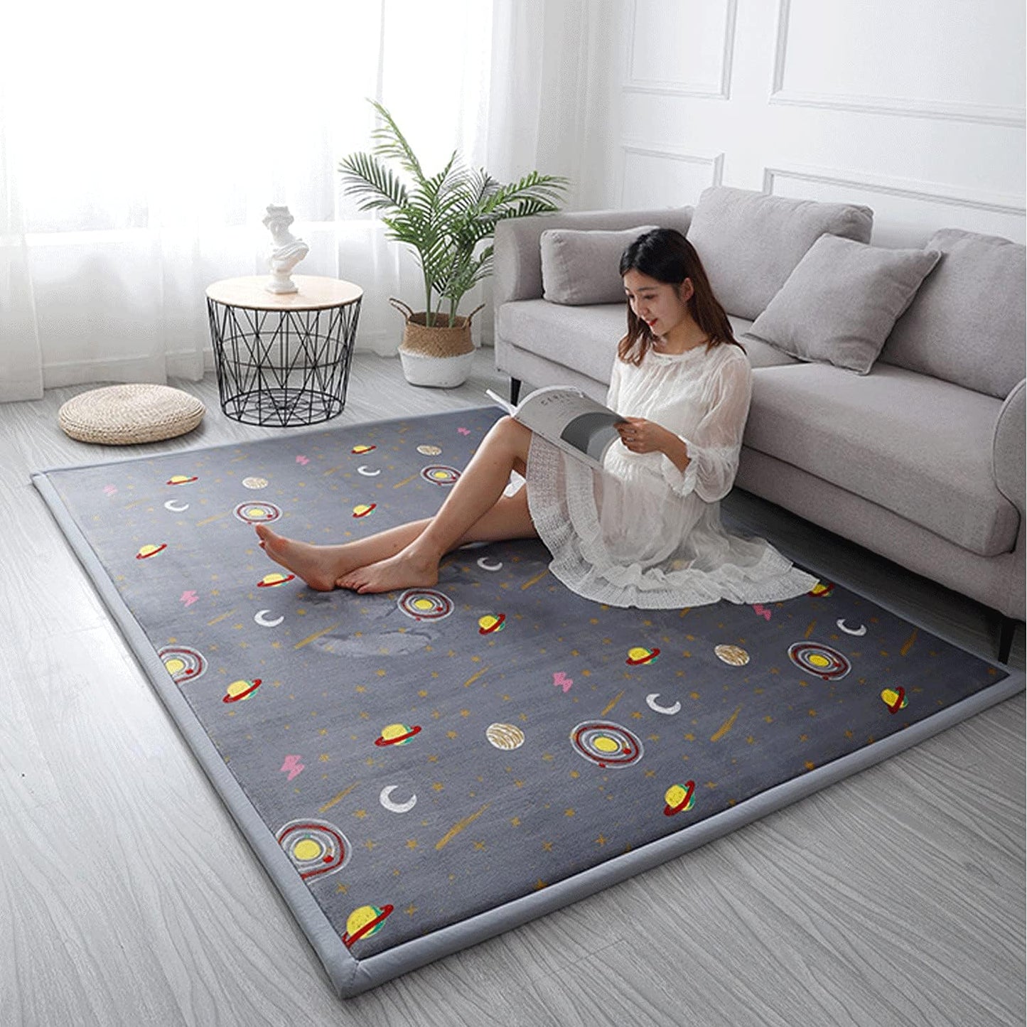 Loartee Coral Velvet Area Rug - 1" Thick Memory Foam Baby Play Mat, Washable Toddler Carpet, Home Decor for Living Room, Nursery, Kids Bedroom, Astral Gray, 6'7"x6'7"